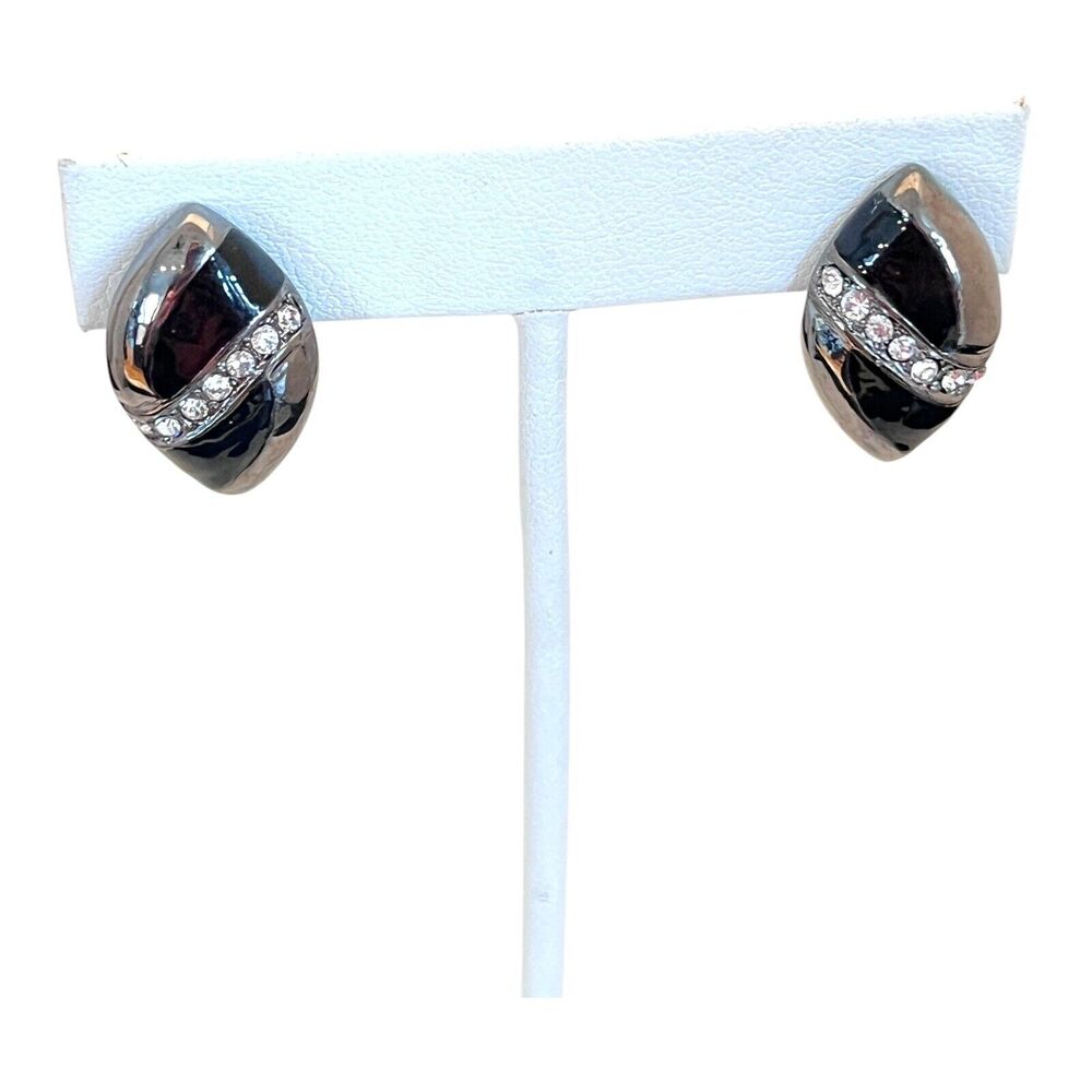 Vintage 1980s Clip On Earrings Hematite Tone Clear Crystal Accent - 12R